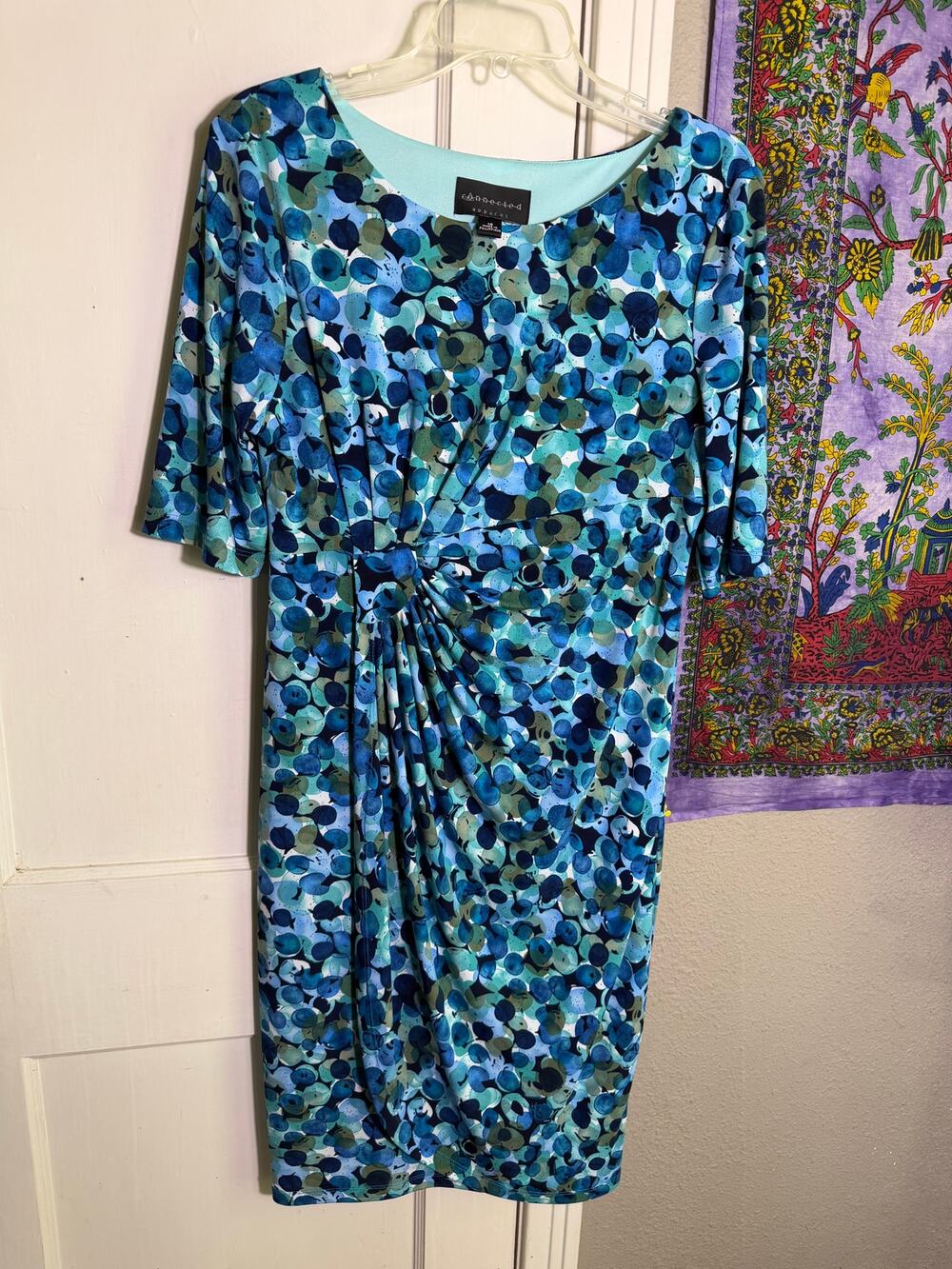 Connected Apparel Dress Size 12 Blue Teal Abstract Ruched Waist 3/4 Sleeve